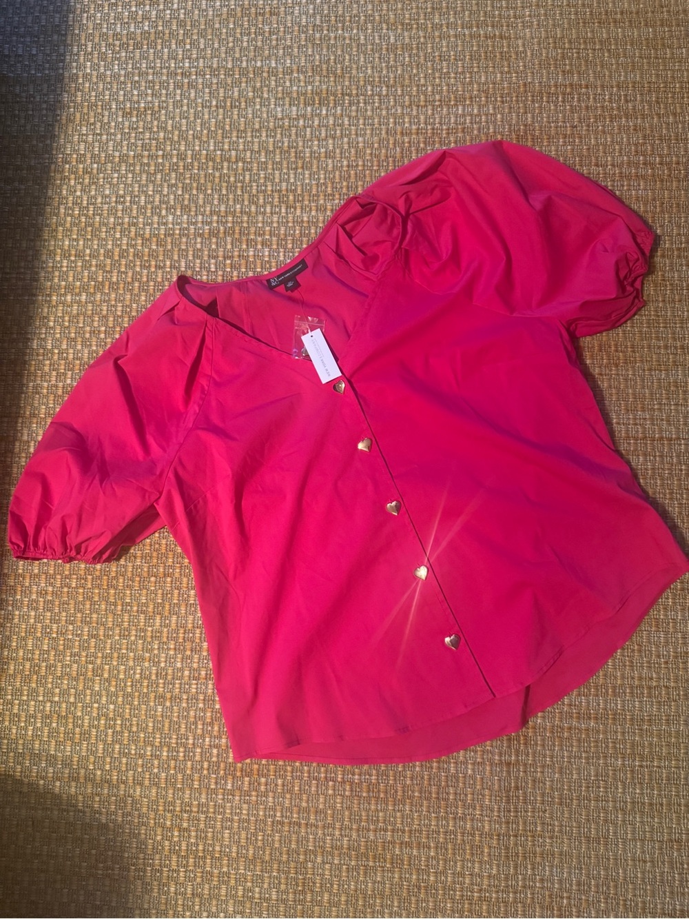 New York & Company Hot Pink Puff-Sleeve Button Front Blouse
